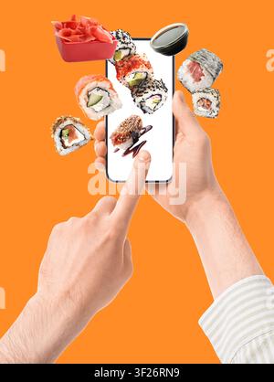 Hände, die ein Smartphone halten, aus dem verschiedene Sushi-Rollen und Ingwer fliegen, Konzept für Online-Lebensmittelbestellungen und -Lieferung, Bequemlichkeit der mobilen Anwendung Stockfoto
