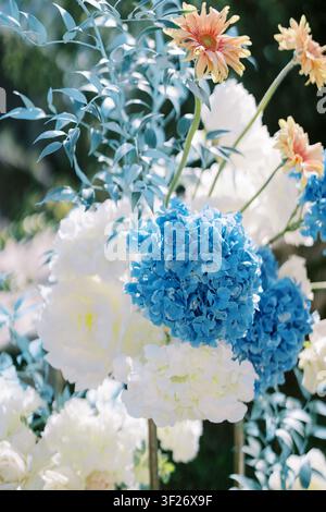Elegantes Hochzeitsblumenarrangement mit Hortensien und Chrysanthemen Stockfoto