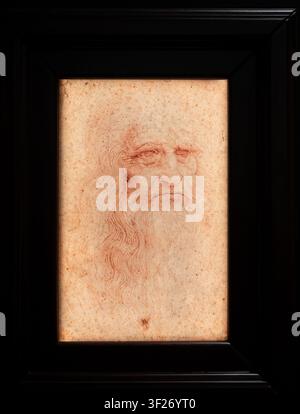Settimo Torinese, Italien - März 2026: Hochauflösende Reproduktion des Selbstporträts von Leonardo da Vinci, das während einer temporären Ausstellung gezeigt wird. Ima Stockfoto
