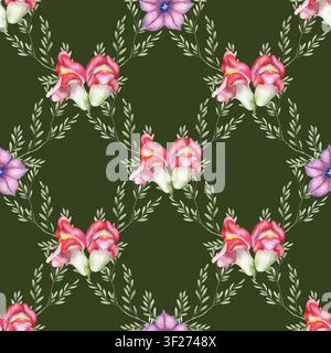 Snapdragon-Blumen mit floralem Gitter-Muster auf grünem Hintergrund. Handgezeichnete Aquarell-Rose mit zartem Thymianzweig. Botanisches Design für Tapeten. Rustikale wiederholbare Textilvorgabe. Stockfoto