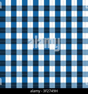 Blaues Gingham-Tartan-Karo-Muster mit gestrichelten Stichlinien. Stockfoto