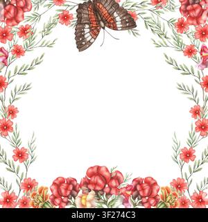 Brauner Schmetterling und rote Löwenmaulblumen Sommerquadratrahmen. Handgezeichneter Aquarellhintergrund mit Kopierraum im lebendigen botanischen Stil. Florales Design für Hochzeitskarte. Postertropisches Template. Stockfoto
