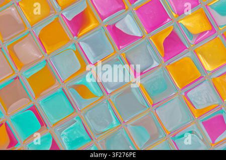 Nahtloses Neon-Mosaik mit sich wiederholendem Muster, Glasfliese, 3D-Hintergrund, Quadrate in Türkis, Rosa, Gelb und Grau. Stockfoto