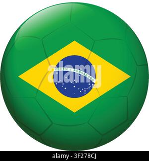 Dreidimensionaler Fußball-Vektor mit den Farben der brasilianischen Flagge, glänzender Oberfläche und weißem Hintergrund. Stock Vektor