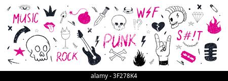 Handgezeichnete Punk-Musik-Illustration. Kreide schwarze und rosa Totenkopfformen. Tinten-Kritzeleien und kühnes Gitarren-Chaos. Emo-Vektor-Illustration Stock Vektor