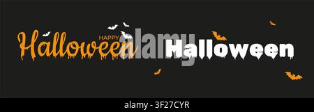 Halloween-Text-Designs mit tropfenden gruseligen Schriften, Fledermäusen und festlichen Farben auf schwarzem Hintergrund, saisonale Grusel Stockfoto