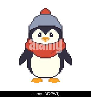 Niedlicher Pixel-Art-Pinguin im 8-Bit-Stil auf weißem Hintergrund. Stock Vektor