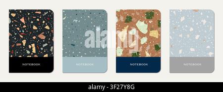 Notizblock-Abdeckung. Abstrakter Terrazzo-Hintergrund aus Natursteinen, Granit, Quarz und Marmor. Schablone für das Notizblock-Cover mit venezianischer Terrazzo-Textur. Stockfoto