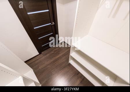 Innenansicht eines Raumes mit einer dunklen Holztür mit Glasakzenten und einer weißen Regaleinheit mit Regalböden. Holzboden Stockfoto