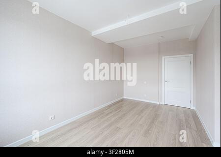 heller, leerer Raum mit hellem Holzfußboden, neutralen Wänden, einer weißen Tür und einer sauberen, minimalistischen Ästhetik Stockfoto