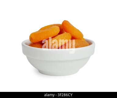 Getrocknete Aprikosenstapel isoliert, getrocknete Aprikosen in einer Schale, gesunde Orangenfrüchte Gruppe, süßer Bio-Dessert-Snack, gesunde Diätkost, getrocknete Aprikosen auf Stockfoto
