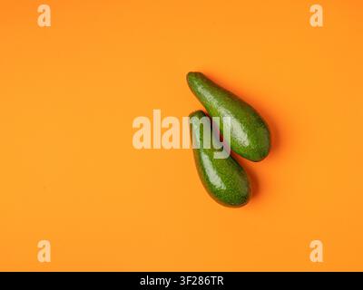 Avocado isoliert, ganzer Avokado-Satz, zwei grüne Avocados gestapelt, frische Alligatormöhre, Guacamole-Zutat, lange Avocado-Frucht auf orangefarbenem Hintergrund Stockfoto