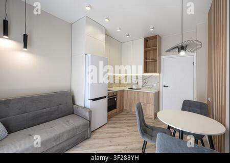 Modernes Studioapartment mit schlanker Küche, grauem Sofa, rundem Tisch mit Stühlen. Helles, minimalistisches Design mit HolzAkzenten und stilvoller Beleuchtung Stockfoto