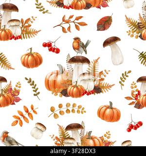 Gemütliches Herbstwald-Muster ohne Ende mit Aquarell-Kürbissen, Porcini-Pilzen, Rotkehlchen, Ebereschenbeeren und Herbstlaub auf Weiß. Herbstsaison Stockfoto