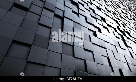 Abstrakte 3D-Wand aus schwarzen quadratischen Blöcken mit einem modernen geometrischen Muster mit Perspektivenansicht und Beleuchtung. 3D-Rendering Stockfoto