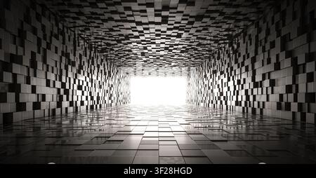 Futuristischer 3D-Tunnel mit abstrakten würfelförmigen Wänden, Boden und Decke. Endloser Korridor aus schwarzen Metallblöcken mit leuchtendem Licht am Ende. 3D-Darstellung Stockfoto