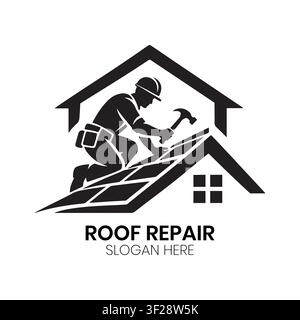Das Roof Repair-Logo zeigt einen Arbeiter, der ein Hausdach mit einem Hammer repariert, in einem sauberen und modernen professionellen Bau-Design. Stock Vektor