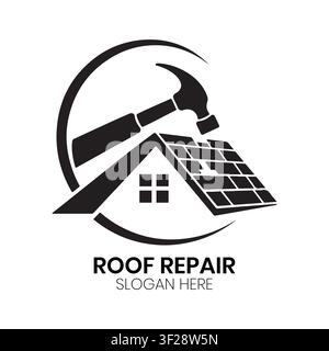 Das Roof Repair-Logo steht für professionelle Bauleistungen, die Hausdacharbeiten und Hammerwerkzeuge für Heimwerker und Handwerker für die Hauswartung umfassen. Stock Vektor