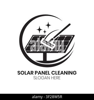 Das Solarpanel-Reinigungslogo zeigt Ausrüstung auf einem Solarpanel für nachhaltige Energie, Reinigungs- und Wartungsdienstleistungen-Branding. Stock Vektor