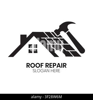Das Roof Repair-Logo zeigt ein Dach mit Hammer für Hausbau, Immobilienrenovierung und professionelle Dachdienstleistungen-Branding. Stock Vektor
