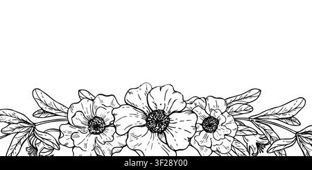 Blumiger Rahmen mit handgezeichneten Frühlingsblüten des Granatapfels. Blühende Pflanzen-Line-Art in schwarzer Tinte, horizontaler Rahmen mit Platz für Text. Stock Vektor