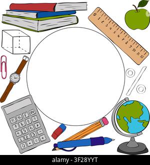 Bildungsmaterial und Werkzeuge Schulstudentenrahmen Kreis Quadrat rund handgezeichnete Illustration. Vektorgrafik Linien-Tinten-Kunstvorlage. Perfekt für Kinder Stock Vektor