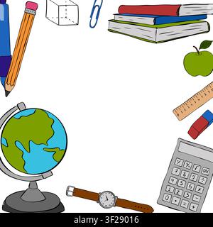 Bildungsmaterialien und Werkzeuge Schulstudentenrahmen quadratische handgezeichnete Illustration. Vektor-Grafik-Linien-Tinten-Kunstvorlage. Perfekt für Logo, Branding, Stock Vektor