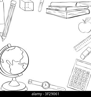 Bildungsmaterialien und Werkzeuge Schulstudentenrahmen quadratisch Schwarzweillustration im Handgezeichneten Stil. Vektorgrafik-Linien-Tinten-Kunstvorlage. Perfekt für Stock Vektor