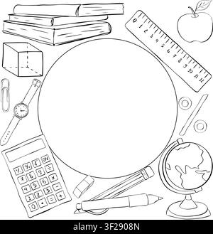 Bildungsmaterialien und Werkzeuge Schulstudentenrahmen Kreis Quadrat rund Schwarz-Weiß handgezeichnete Illustration. Vektor-Grafik-Linien-Tinten-Kunst-Vorlage. Stock Vektor