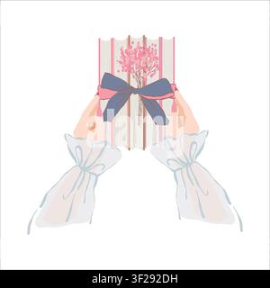 Vektorillustration: Eine Frauenhand hält einen Stapel Bücher, der mit Blumen verziert und mit einer Schleife gebunden ist. Clipart im flachen, mädchenhaften Stil. Themen: Bücher, Lesen, Literatur, Buchclubs und gemütliche Wohnatmosphäre. Stock Vektor