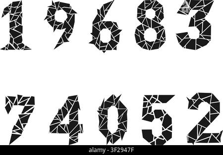 Abstrakte Polygon-Zahlenmenge geometrisch zersplitterte Ziffern Typografie modernes Vektordesign schwarze fragmentierte Zahlen kreative Formen isoliert Stock Vektor