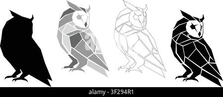 Eulen-Vektorillustration polygonale Vogel-Silhouette minimalistisches Low-Poly-Tierdesign schwarz-weiß Graustufen-Linienkunst modernes Wildtier-Symbol Stock Vektor