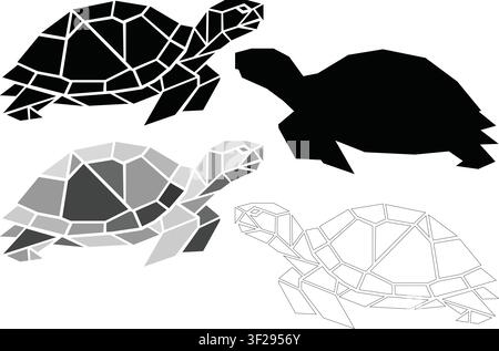 Schildkröten-Vektorillustration polygonales Meeresreptil-Silhouette minimalistisches Low-Poly-Tierdesign schwarz-weiß Graustufen-Linienkunst modernes Ozeantierleben Stock Vektor