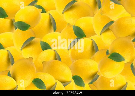 Haufen ganzer gelber Zitronen mit grünen Blättern, Fruchtgelber Hintergrund. Zitrusfrüchte zufällig angeordnet aus Blickwinkel oben Stockfoto