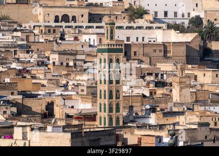 Teleobjektiv-Taglichtansicht eines grünen und ockerfarbenen Minaretts, das über dichten Dächern und historischem Stadtgewebe in Fes, Fes-Meknes, Marokko, am 5. November 20 aufragt Stockfoto