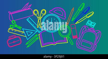 Bunte Neon-Konturillustration verschiedener Schulsachen und Bildungsausrüstung auf dunklem Hintergrund Stock Vektor