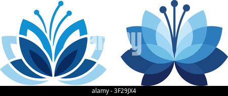 Zwei stilisierte blaue Lotusblumen-Icons, isoliert auf einem sauberen weißen Hintergrund Stock Vektor