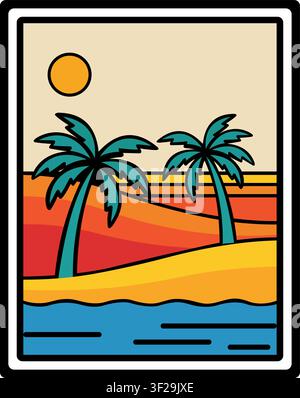 Eine lebhafte Retro-Stil-Illustration von Palmen an einem sonnigen tropischen Strand Stock Vektor