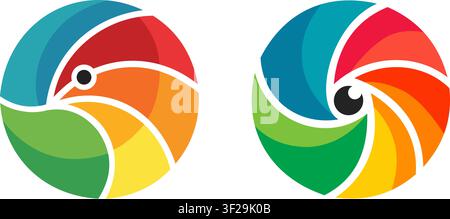 Abstrakte farbenfrohe ovale Logo-Designs mit wirbelnden Regenbogensegmenten und zentralen Augenelementen Stock Vektor