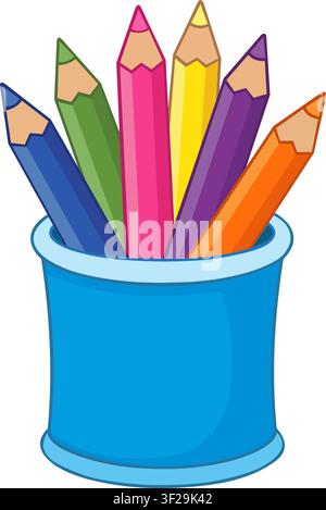 Eine Sammlung farbenfroher Holzstifte, die in einem einfachen blauen Plastikbecherhalter stehen Stock Vektor