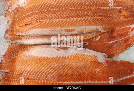 Frische rohe Lachsfilets auf zerkleinertem Eis Stockfoto