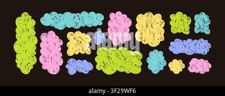 Kindlich verspielte flauschige Wolken Kreidetafelzeichnung. Bunte Wolken Bleistiftkritzeleien. Grunge Pastellzeichnung auf der Kreidetafel. Neon Doodle Skizze Stock Vektor
