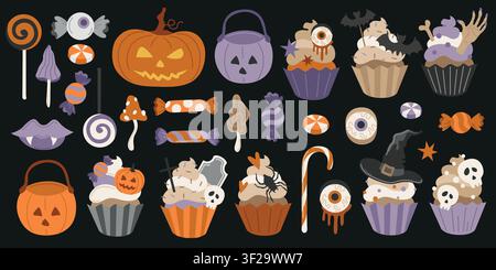 Handgezeichnete Halloween-Screaming-Leckereien mit Lutschern, Süßigkeiten, Zuckerstangen und Kürbis-Trick-oder-Beute-Eimer sowie Jack-o'-Lantern-Dekor Stock Vektor