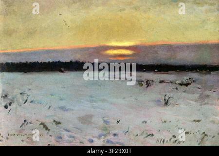 Józef Chełmoński; Wintersonnenuntergang 1901; Sonnenuntergang im Winter; eine weite, leere, winterliche Ebene, bedeckt mit Schnee; auf- oder untergehende Sonne, von Wolken verdeckt Stockfoto