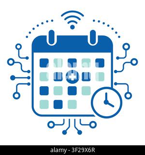 Medizinkalender mit einer Uhr und drahtlosen Signalwellen, die mit digitalen Leiterplattenlinien auf einem weißen Hintergrund verbunden sind, zum Terminplanen Stock Vektor