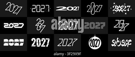 Kühner eleganter 2027 glückliches neues Jahr Tierkreis-Logo-Vektor-Set. Moderne handgeschriebene Pinsel-Kalligrafie-Typografie-Kalender-Glückwunschkarten-Vorlage. Abstrakt hol Stock Vektor
