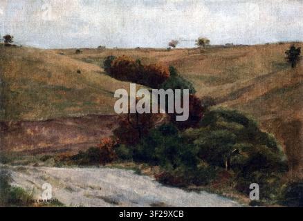 Józef Chełmoński; Landschaft - Bach im Tal 1902; Landschaft - ein Strom im Tal; eine weite, hügelige Landschaft, sanfte Schlucht Stockfoto