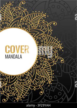 Eine luxuriöse und elegante Abdeckung. Goldenes Vektor-Mandala auf dunklem Hintergrund. Dekoratives rundes Mandala. Einladung, Hochzeitskarte, Scrapbooking Stock Vektor