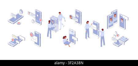 Social-Media-Set mit isometrischen Telefonen. Perfekt für oder Videoplattformen, Messenger, Tech-Blogs, App-Präsentationen, Cybersicherheit Stock Vektor