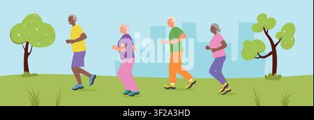 Kommunikation und Sport. Gruppe von älteren Menschen, die im Stadtpark läuft. Flache Vektorillustration für soziale Fitness im Seniorenalter. Stock Vektor